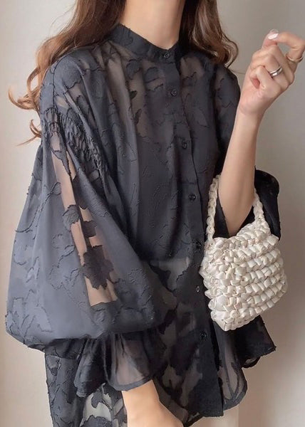 French Black Stand Collar Jacquard Chiffon Top Fall