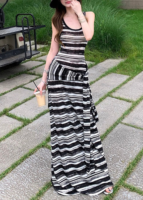 French Black Striped False Two Pieces Cotton Robe Dresses Sleeveless