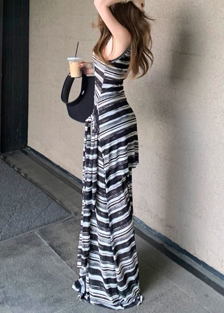 French Black Striped False Two Pieces Cotton Robe Dresses Sleeveless