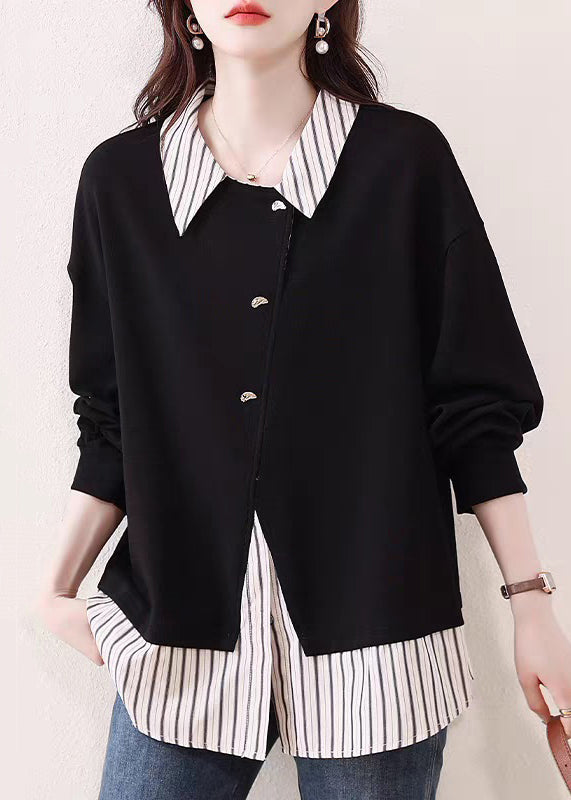 French Black Striped False Two Pieces Patchwork Cotton Blouses Fall