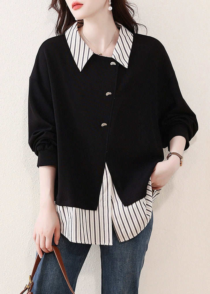 French Black Striped False Two Pieces Patchwork Cotton Blouses Fall