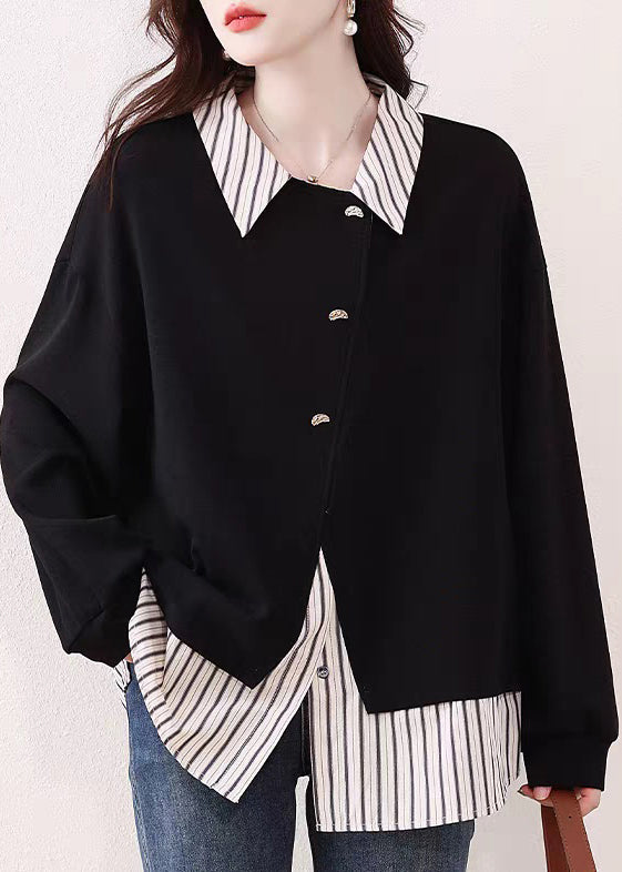 French Black Striped False Two Pieces Patchwork Cotton Blouses Fall