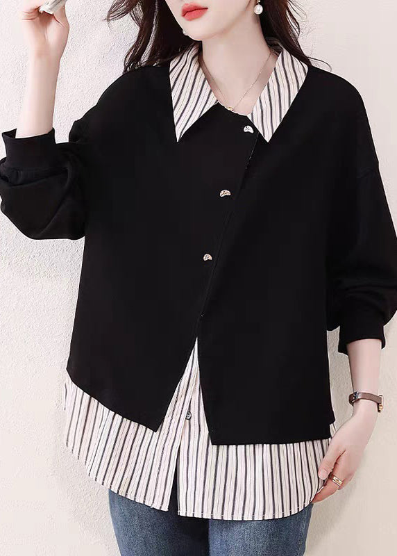French Black Striped False Two Pieces Patchwork Cotton Blouses Fall