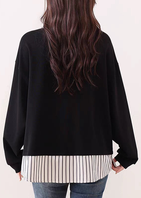 French Black Striped False Two Pieces Patchwork Cotton Blouses Fall
