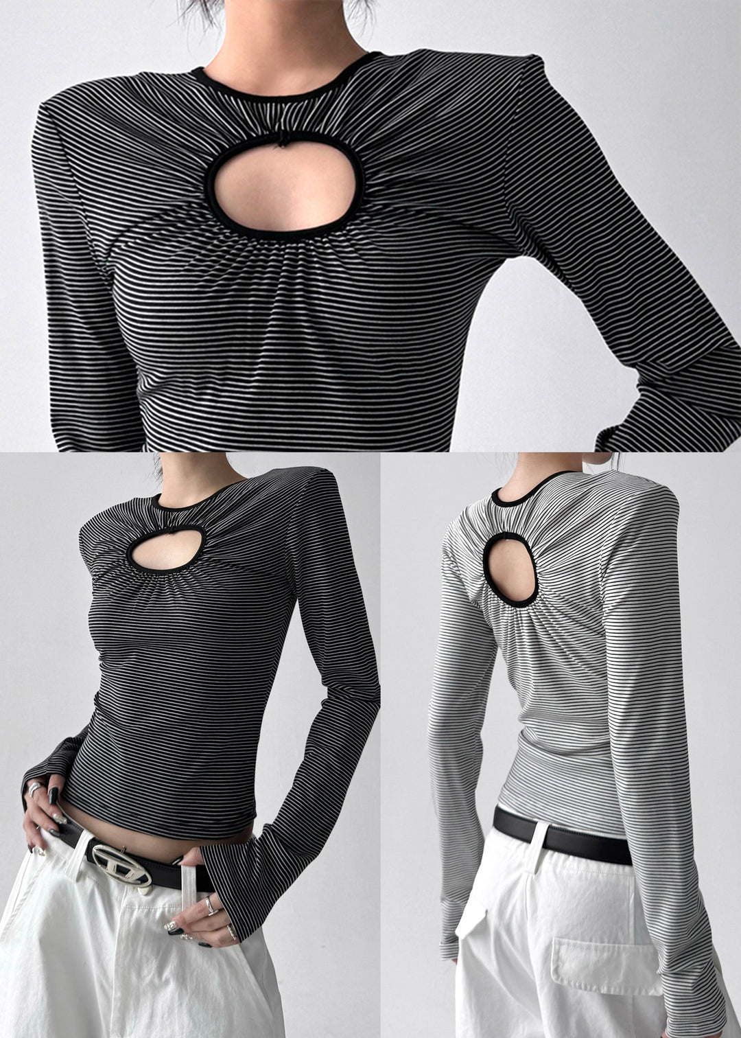 French Black Striped Hollow Out Cotton Top Fall