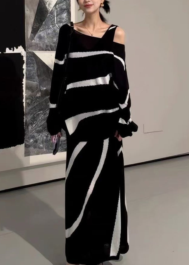 French Black Striped Tops And Dresses Knit Two Piece Set Fall