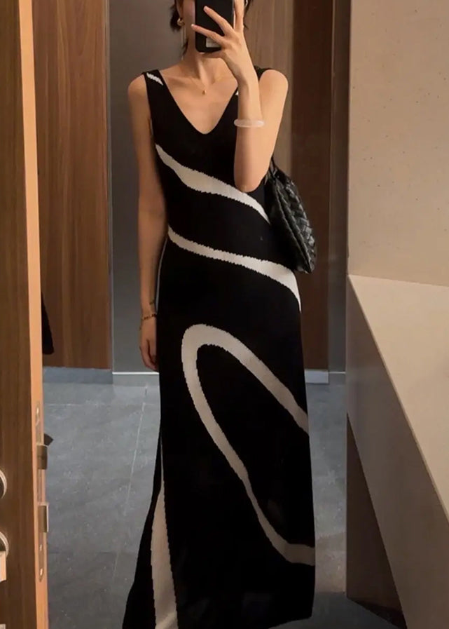 French Black Striped Tops And Dresses Knit Two Piece Set Fall