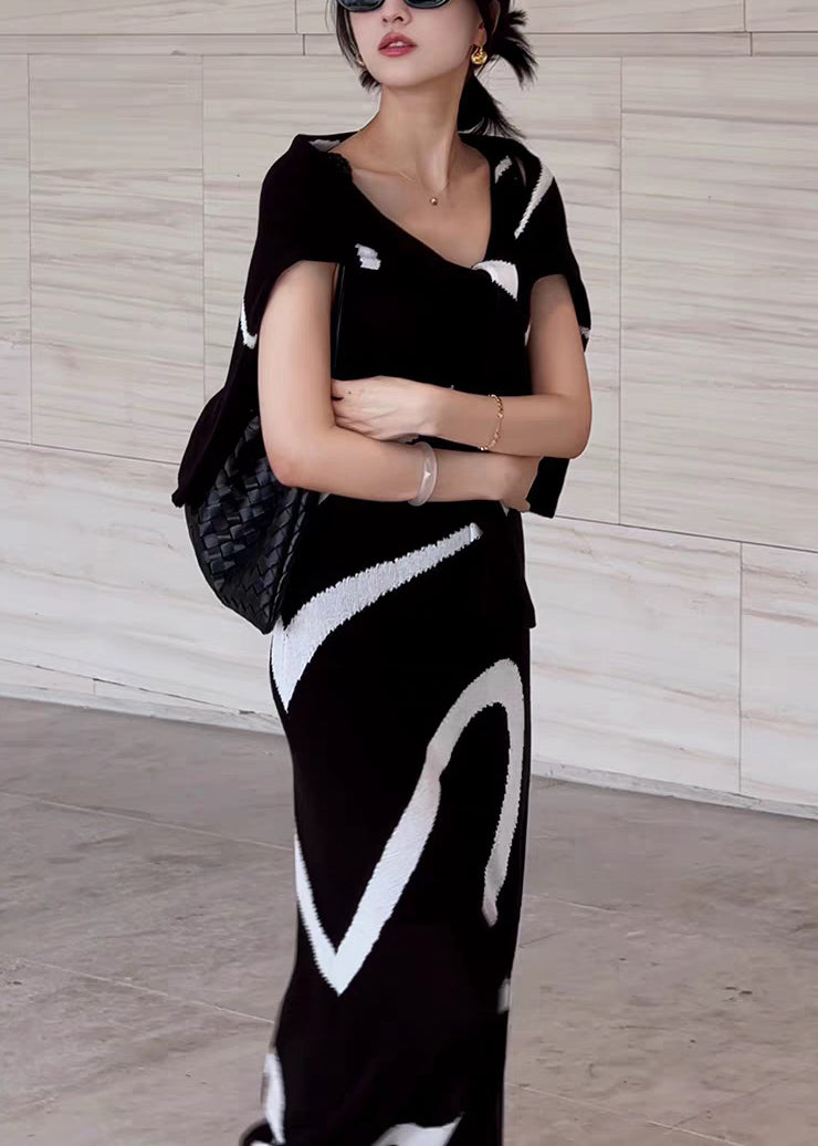 French Black Striped Tops And Dresses Knit Two Piece Set Fall