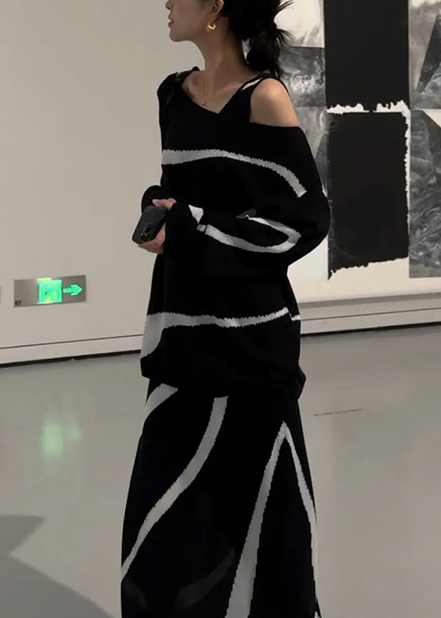 French Black Striped Tops And Dresses Knit Two Piece Set Fall