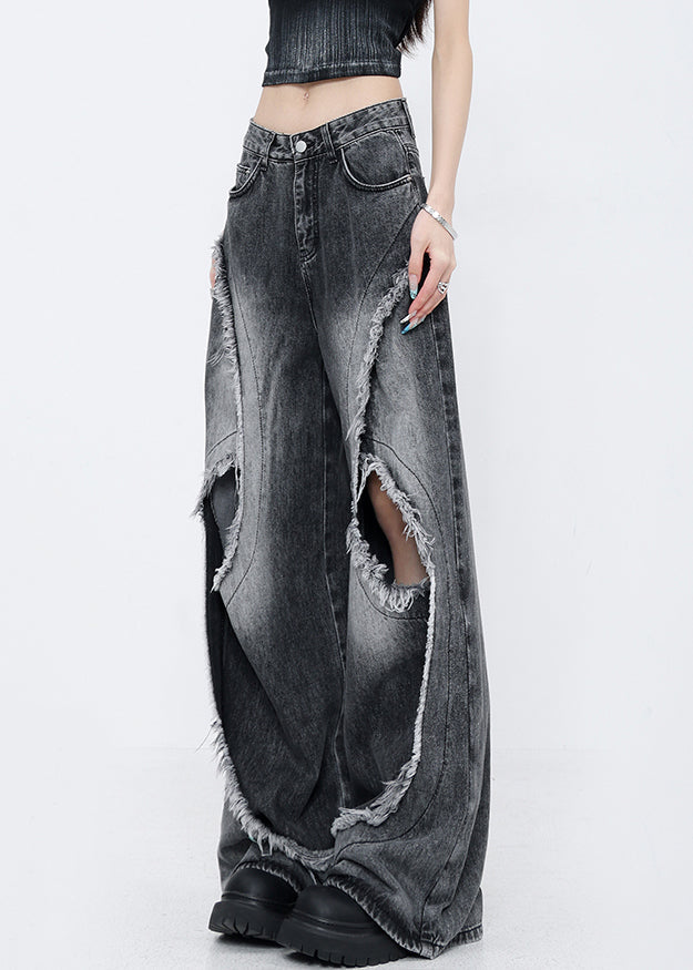 French Black Tassel Pockets Denim Ripped Wide Leg Pants Fall