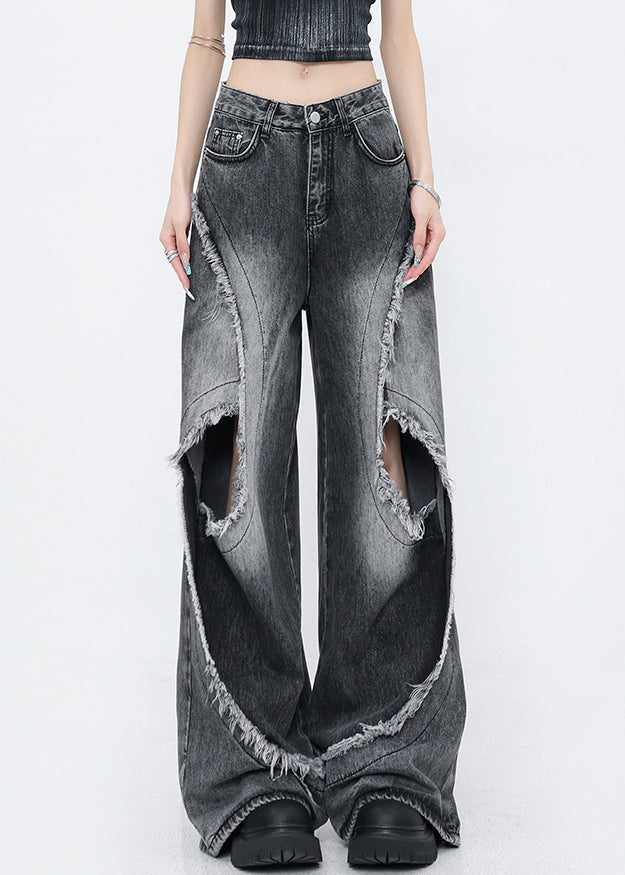 French Black Tassel Pockets Denim Ripped Wide Leg Pants Fall
