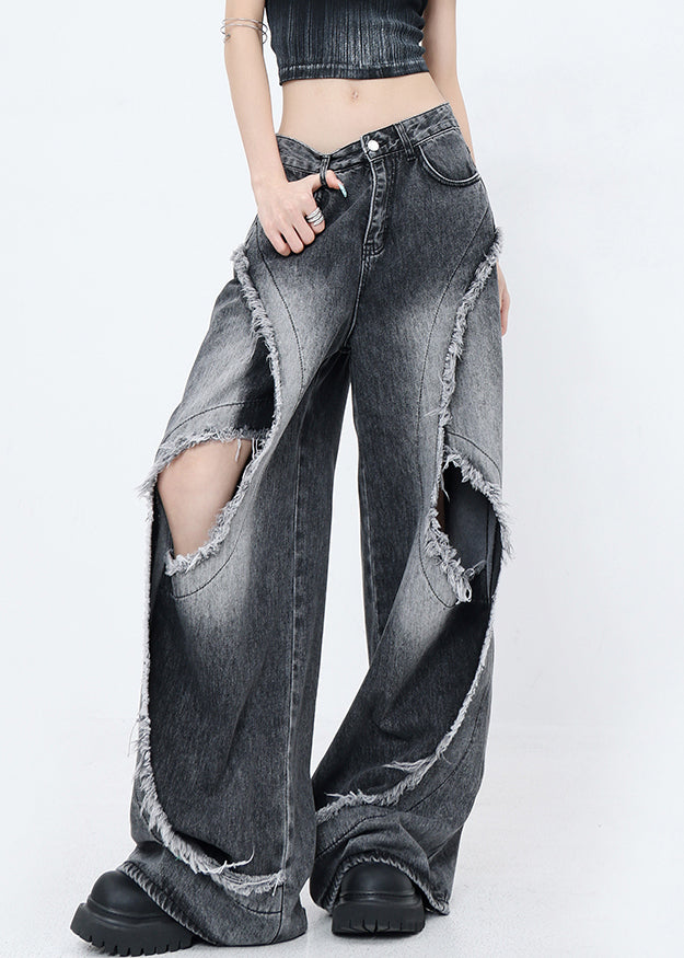 French Black Tassel Pockets Denim Ripped Wide Leg Pants Fall
