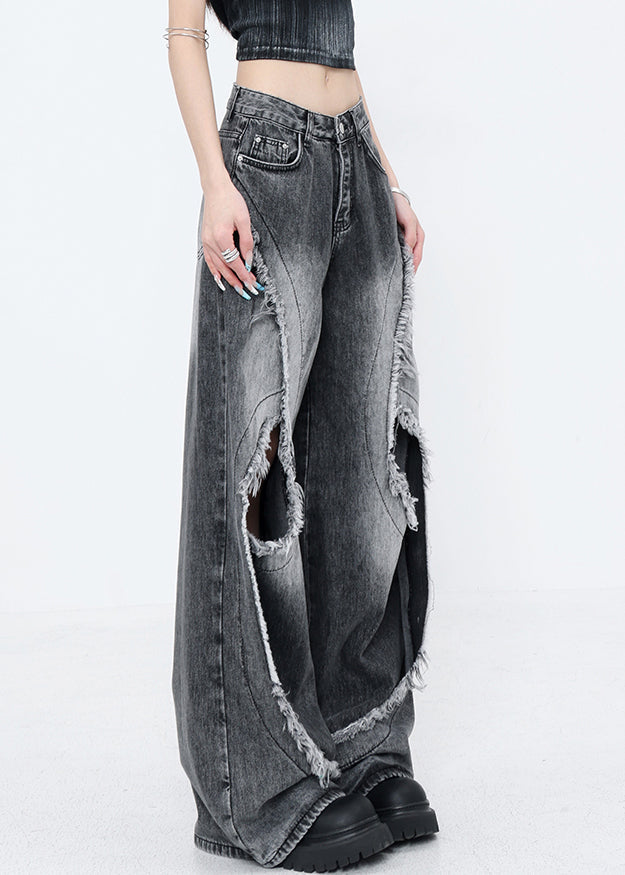 French Black Tassel Pockets Denim Ripped Wide Leg Pants Fall