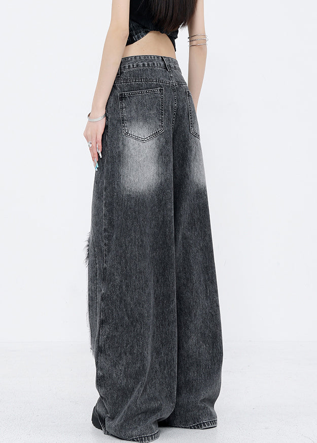 French Black Tassel Pockets Denim Ripped Wide Leg Pants Fall