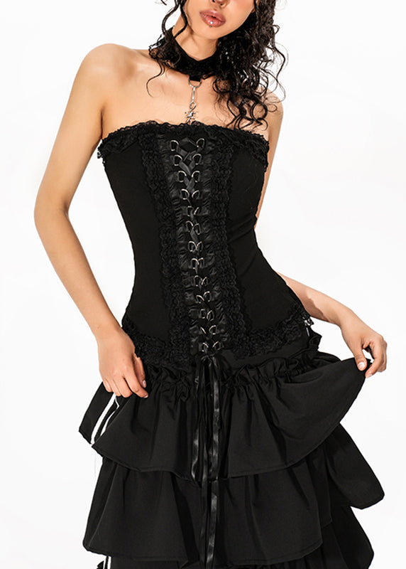 French Black Tie Waist Solid Top Sleeveless