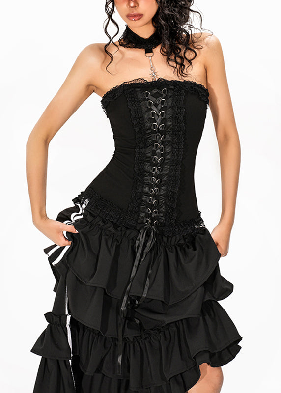 French Black Tie Waist Solid Top Sleeveless