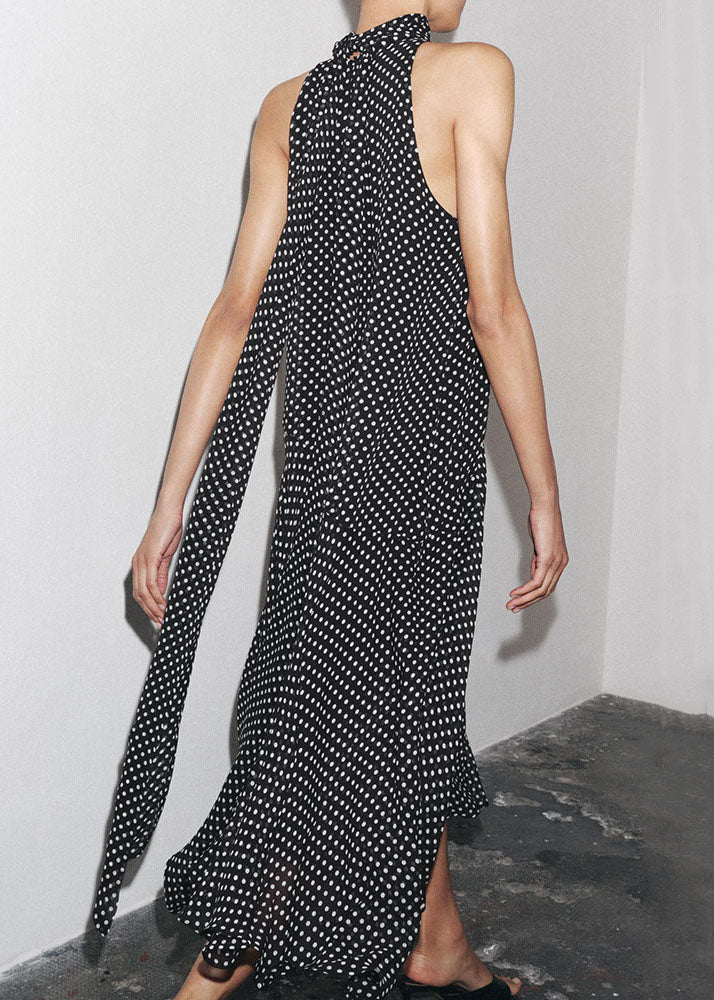 French Black Turtleneck Dot Lace Up Chiffon Long Dress Summer