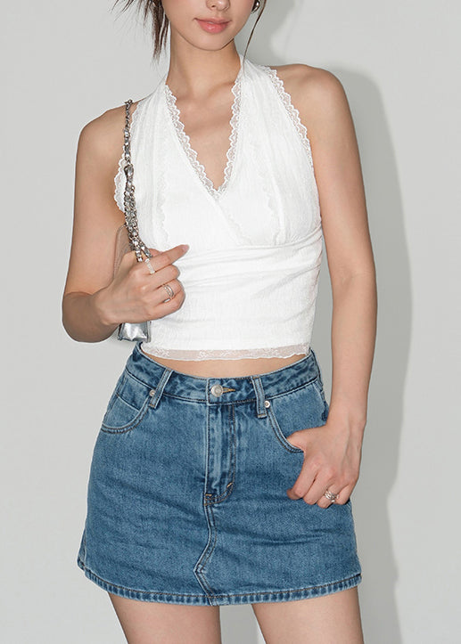 French Black V Neck Backless Lace Halter Tank Top Sleeveless