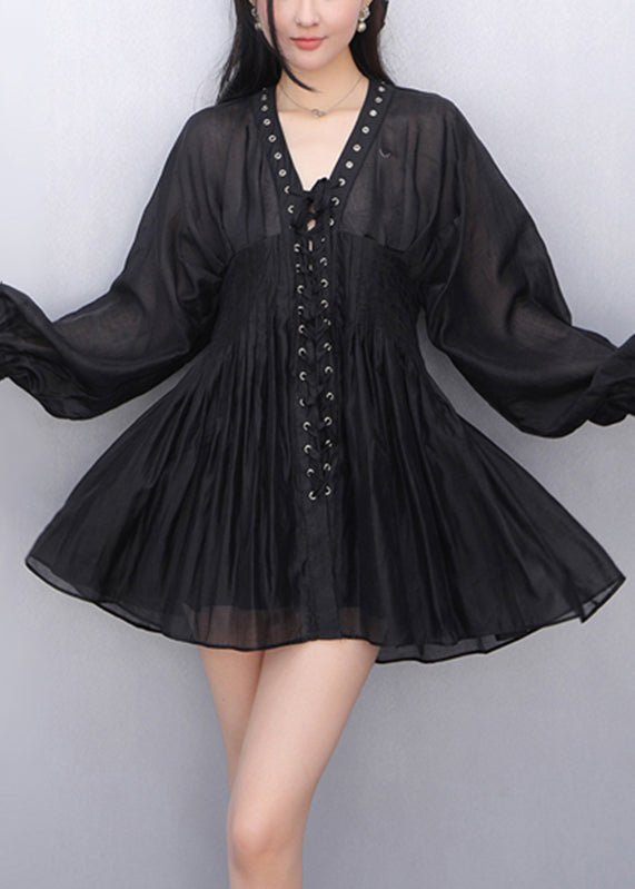 French Black V Neck French Chiffon Tops Flare Sleeve