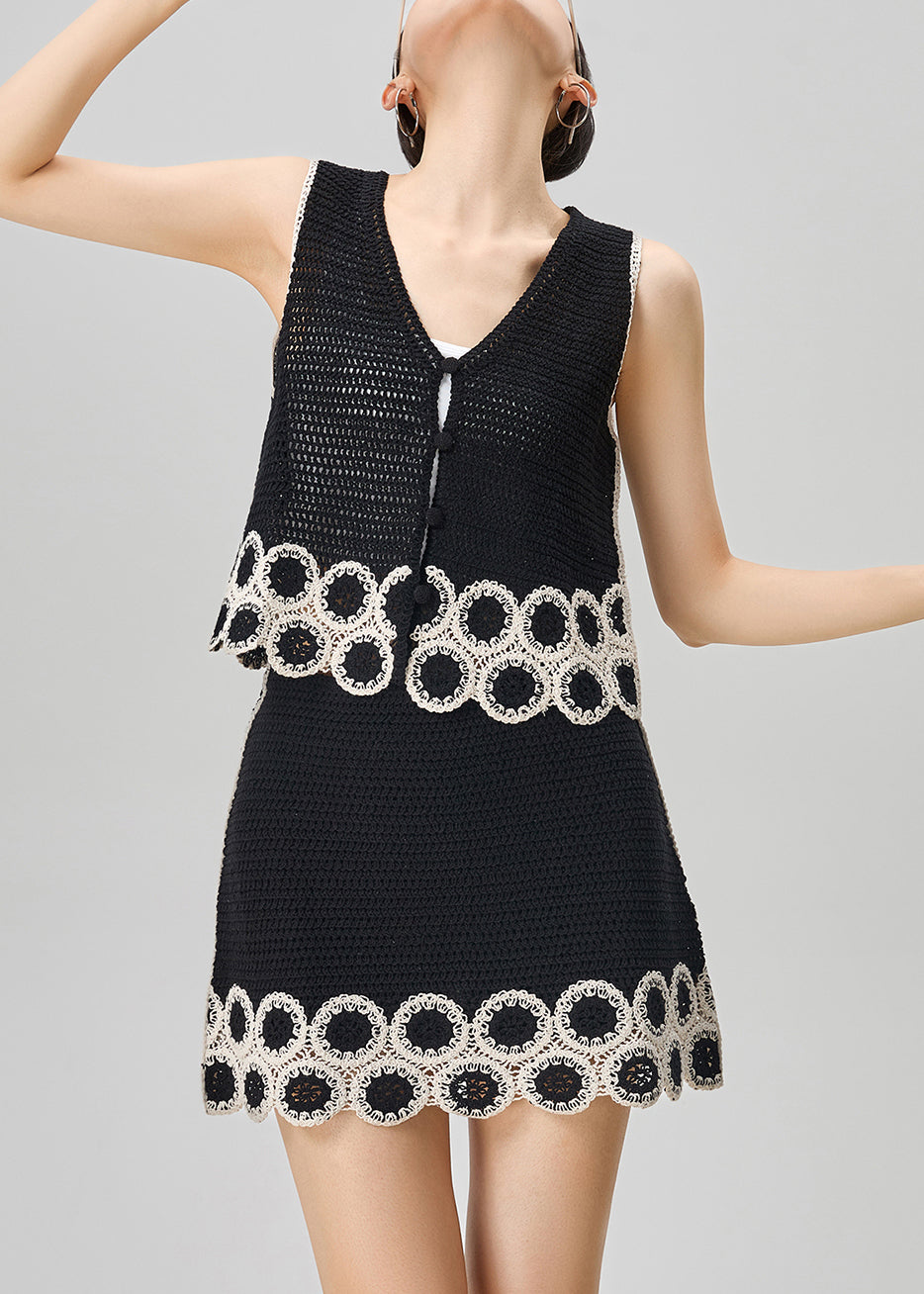 French Black V Neck Hollow Out Knit Two Pieces Set Sleeveless