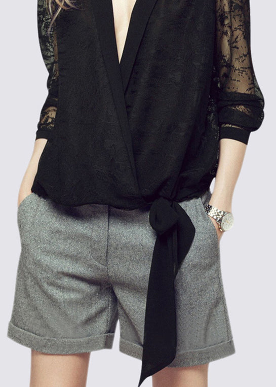 French Black V Neck Hollow Out Lace Shirt Fall