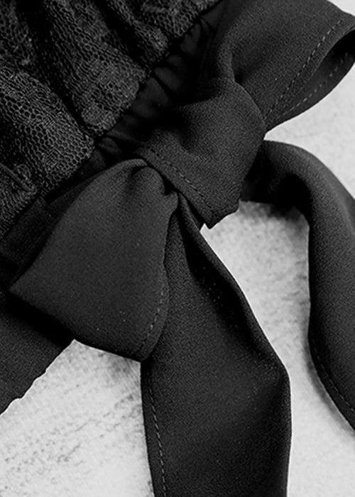 French Black V Neck Hollow Out Lace Shirt Fall