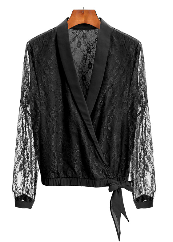 French Black V Neck Hollow Out Lace Shirt Fall