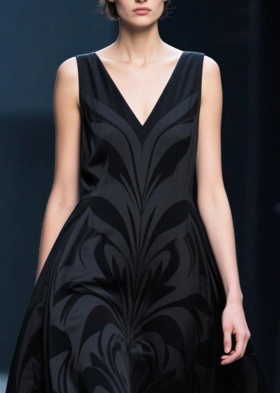 French Black V Neck Jacquard Chiffon Robe Dresses Summer