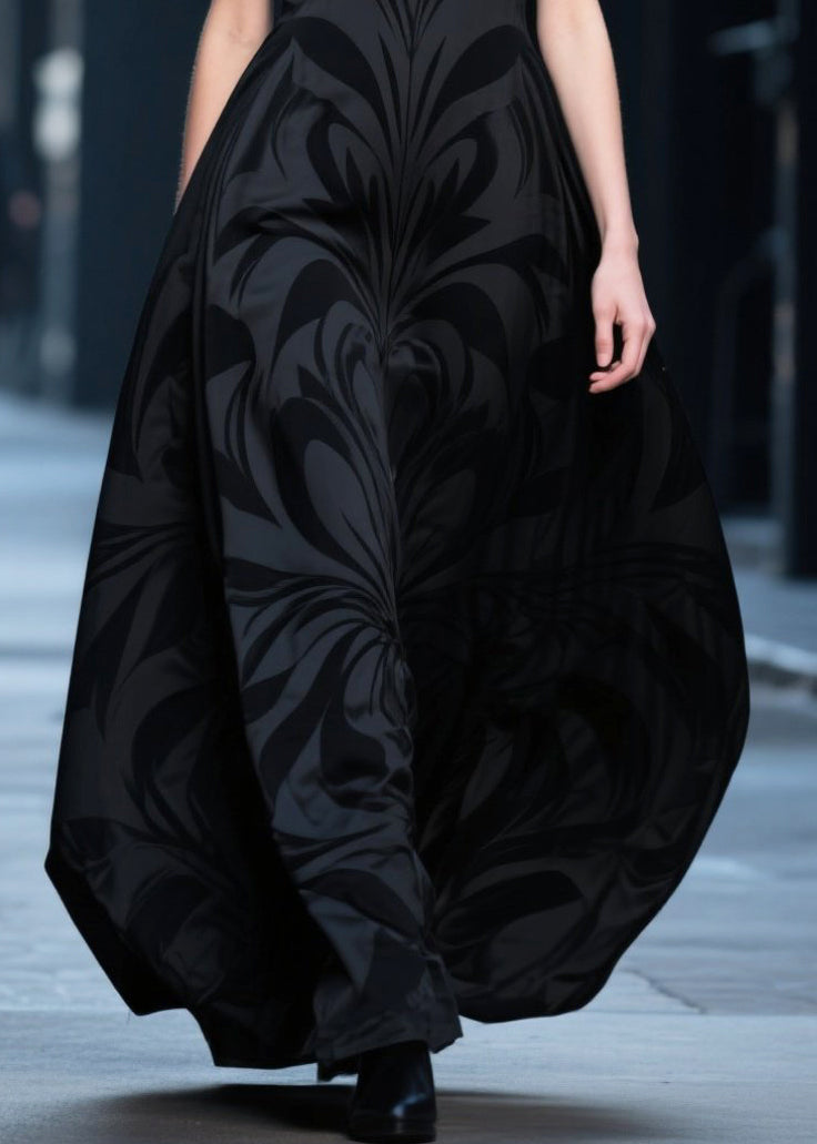 French Black V Neck Jacquard Chiffon Robe Dresses Summer