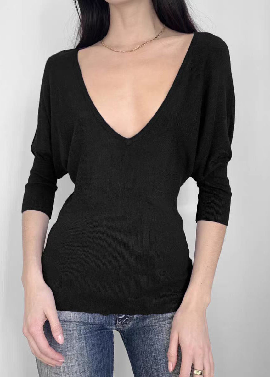 French Black V Neck Knit Shirt Batwing Sleeve