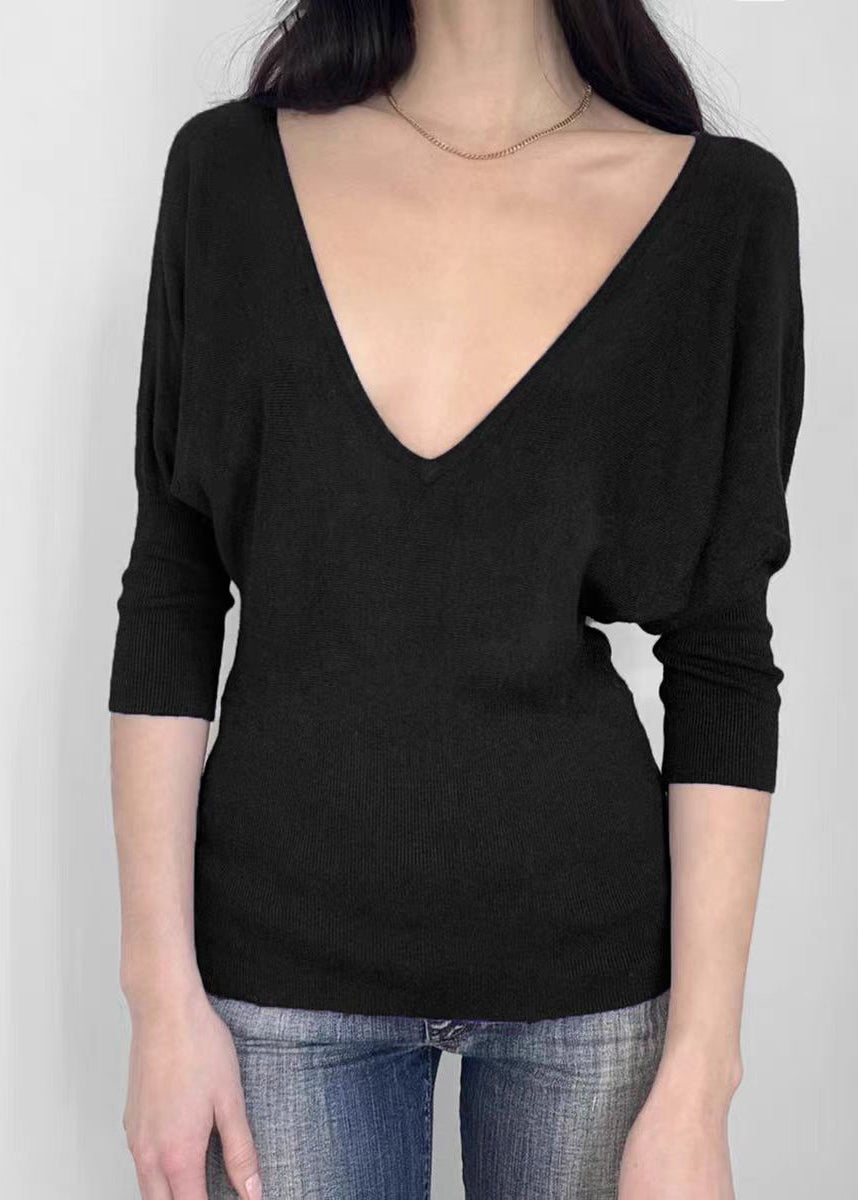 French Black V Neck Knit Shirt Batwing Sleeve