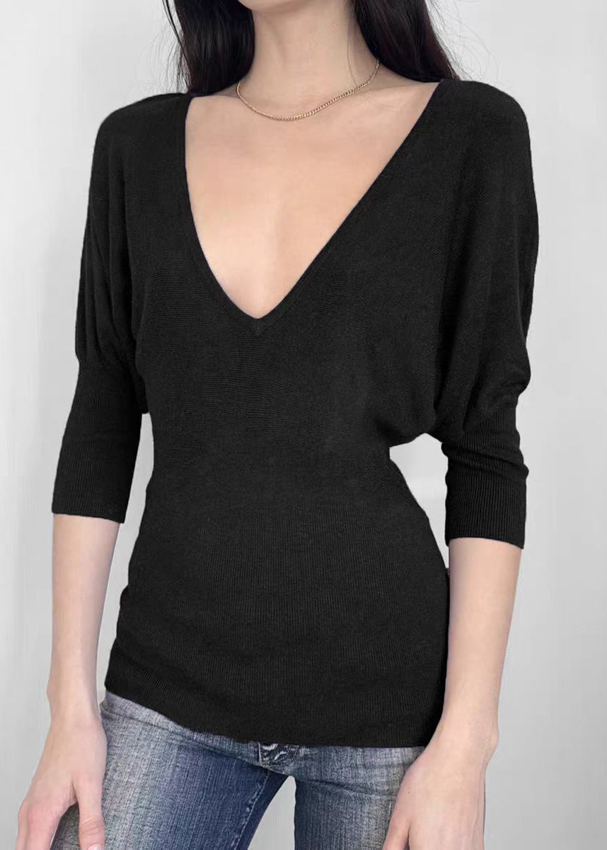 French Black V Neck Knit Shirt Batwing Sleeve