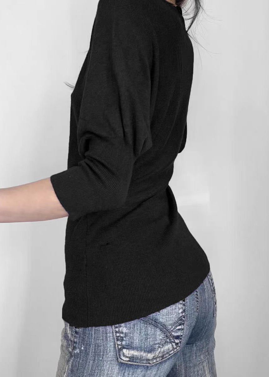 French Black V Neck Knit Shirt Batwing Sleeve