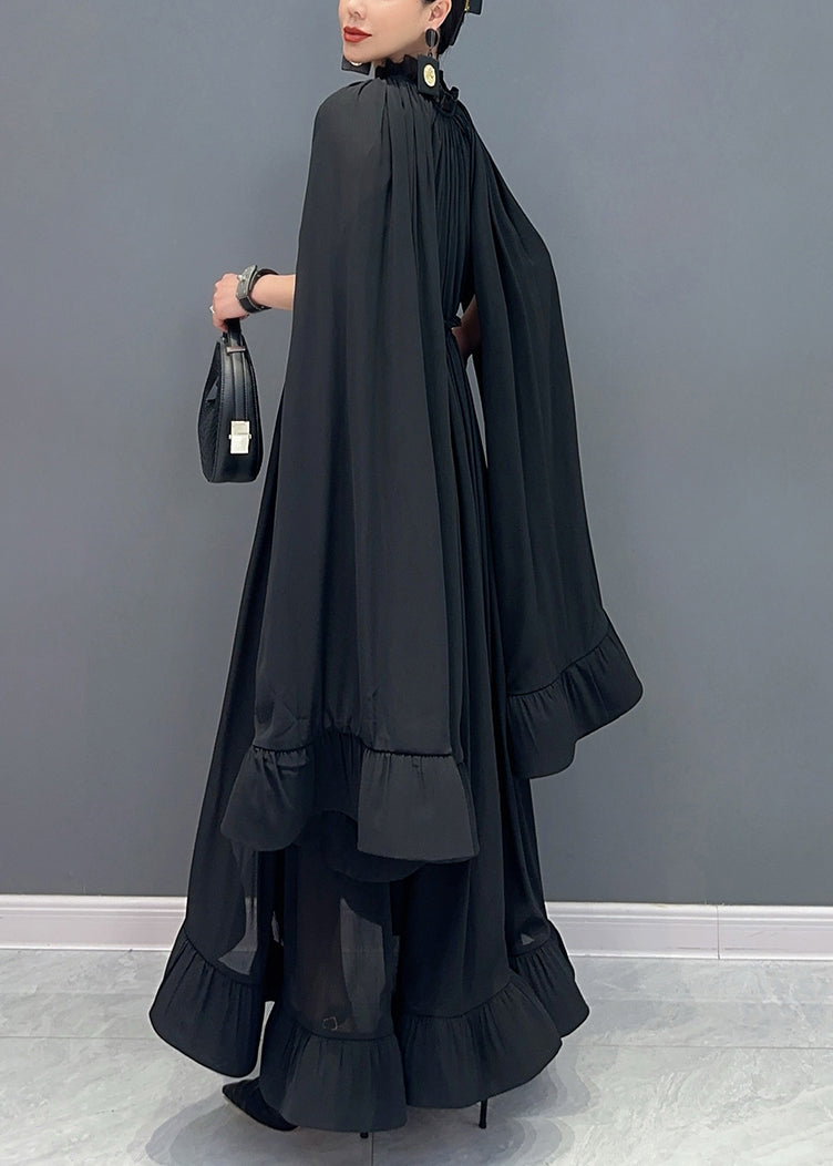 French Black V Neck Low High Design Vacation Chiffon Maxi Dresses Fall