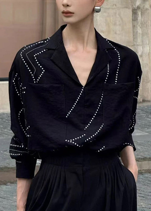 French Black V Neck Pockets Cotton Shirt Top Fall