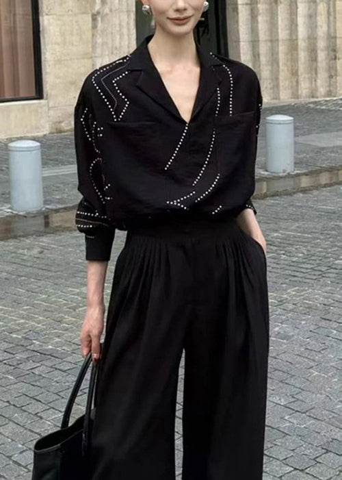 French Black V Neck Pockets Cotton Shirt Top Fall