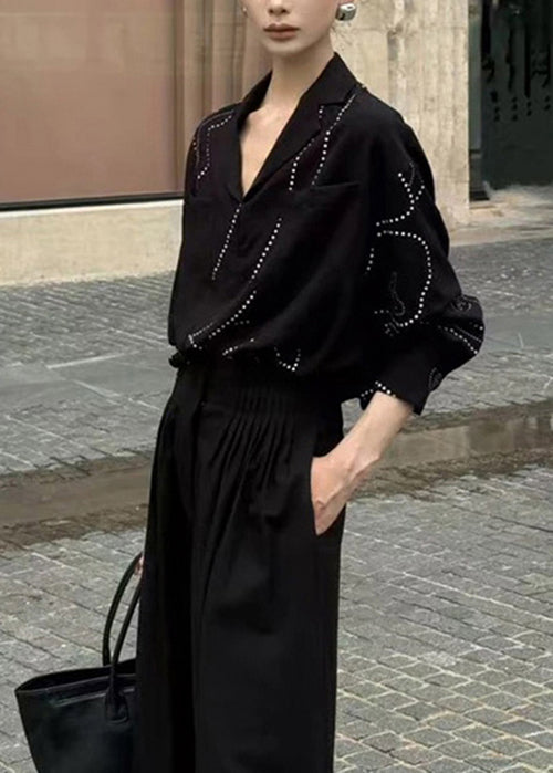 French Black V Neck Pockets Cotton Shirt Top Fall