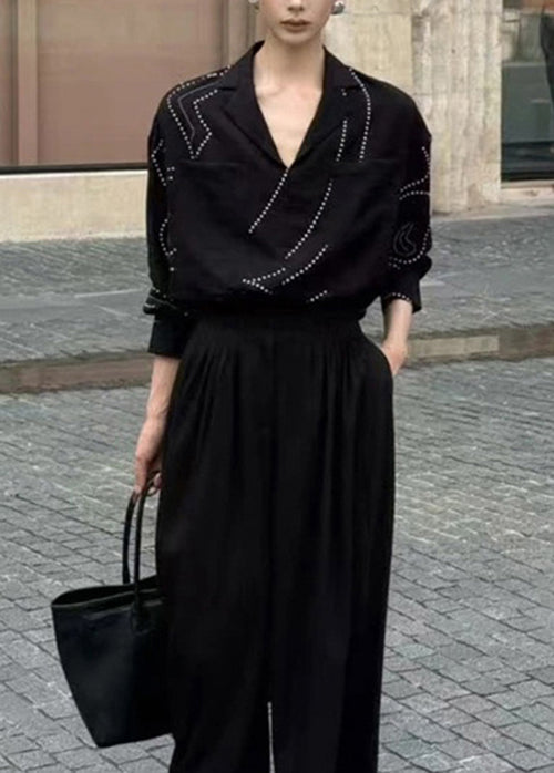 French Black V Neck Pockets Cotton Shirt Top Fall