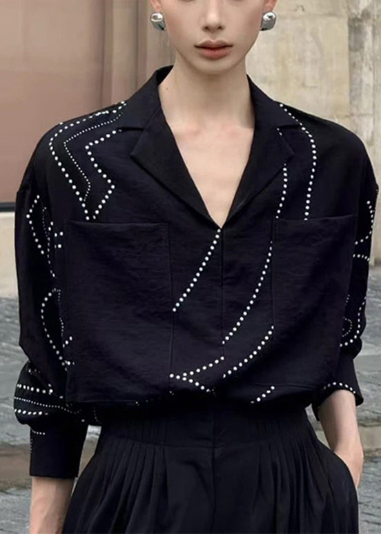 French Black V Neck Pockets Cotton Shirt Top Fall