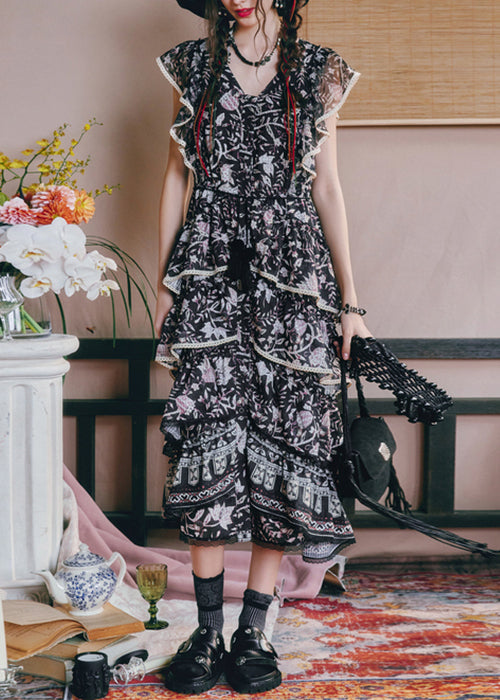 French Black V Neck Print High Waist Chiffon Long Dresses Summer