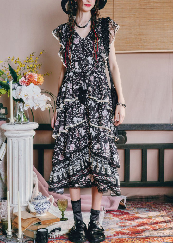 French Black V Neck Print High Waist Chiffon Long Dresses Summer