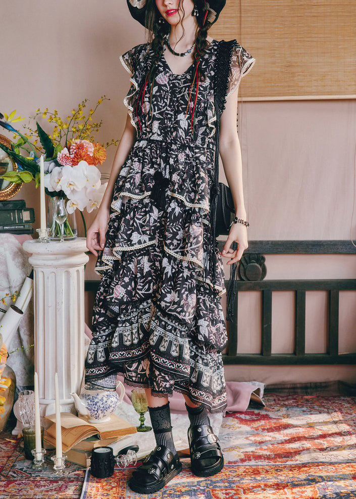 French Black V Neck Print High Waist Chiffon Long Dresses Summer
