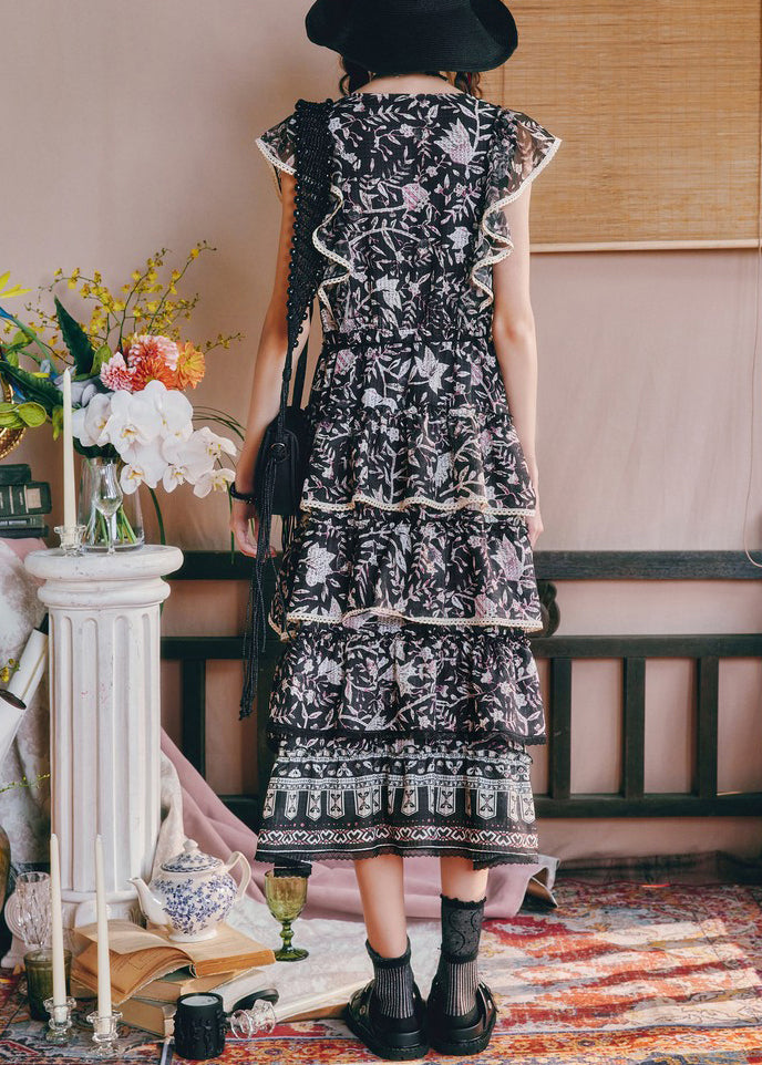 French Black V Neck Print High Waist Chiffon Long Dresses Summer