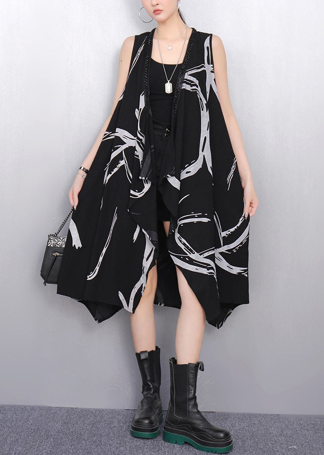 French Black V Neck Print Pockets Cotton Waistcoat Sleeveless