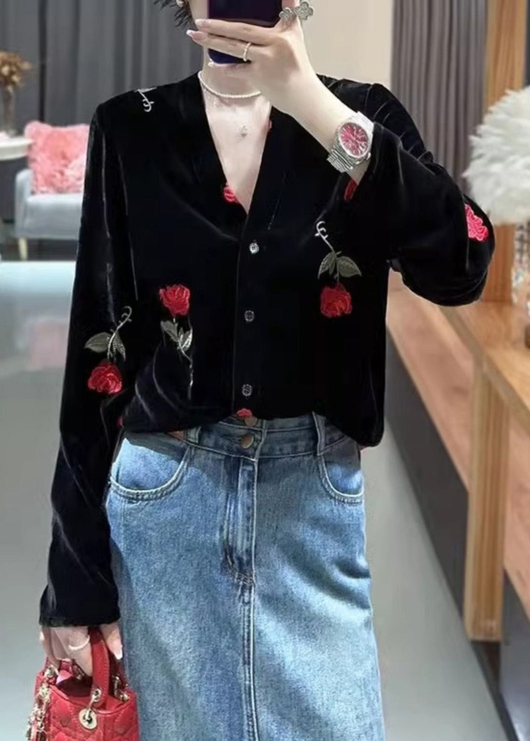 French Black V Neck Rose Button Silk Velour Blouses Fall