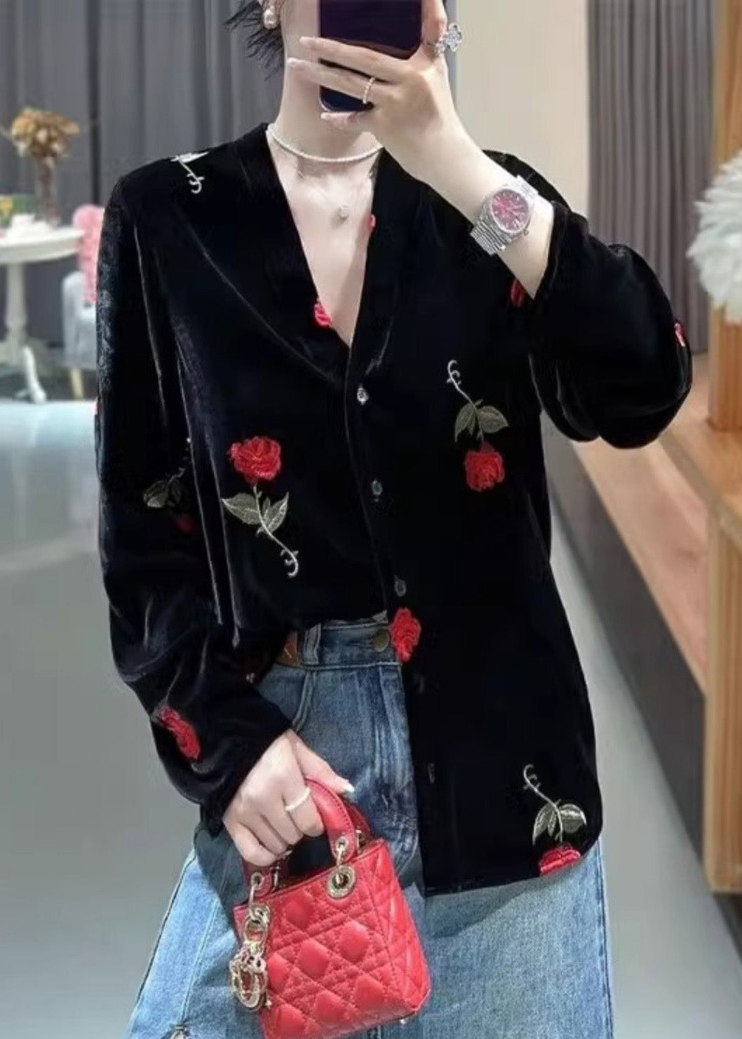 French Black V Neck Rose Button Silk Velour Blouses Fall