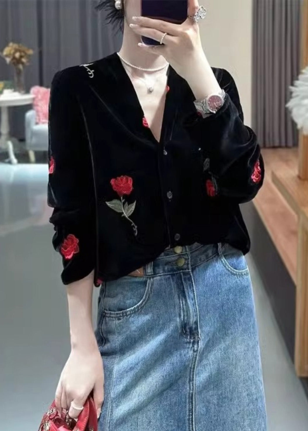 French Black V Neck Rose Button Silk Velour Blouses Fall