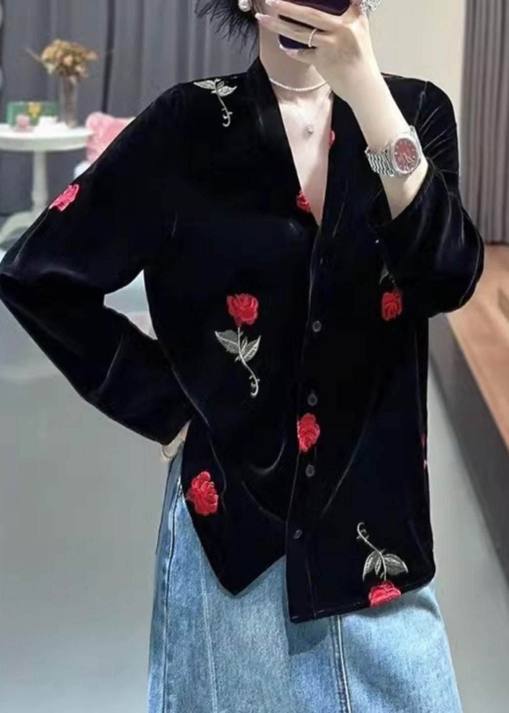 French Black V Neck Rose Button Silk Velour Blouses Fall