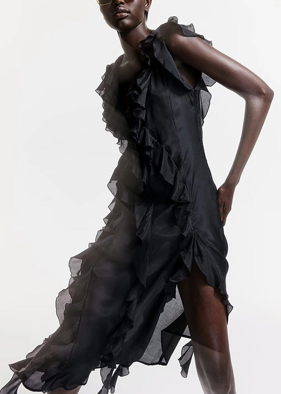 French Black V Neck Ruffled Cotton Long Dress Sleeveless