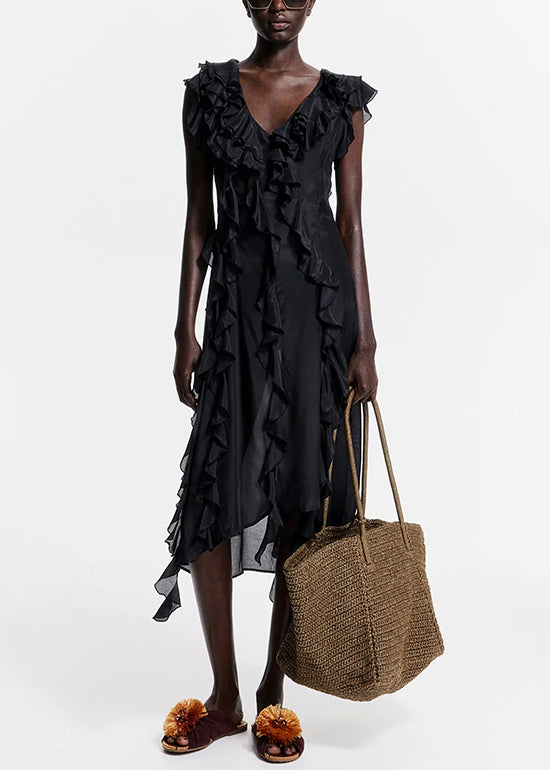 French Black V Neck Ruffled Cotton Long Dress Sleeveless